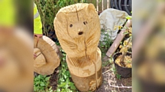 The chainsaw art hedgehog stolen from the Groundwork depot in Oldham. Image courtesy of Sam Al-Hamdani